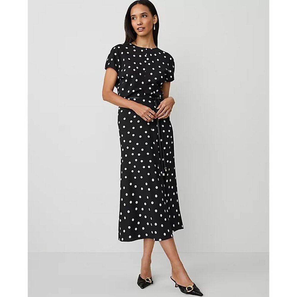 NEW Ann Taylor Petite Dotted Crepe Column Midi Dress Black White Size 00P - Picture 1 of 5